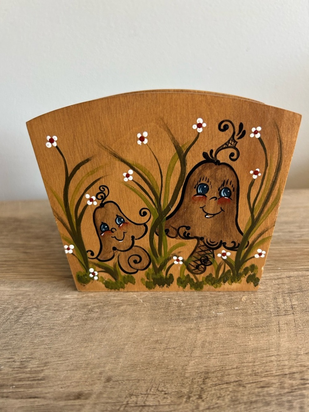 Vintage Hand Painted  MCM Wood Mushroom  Napkin Letter Holder Woodland Fairy
